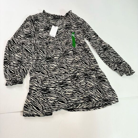 Stradivarius Dress Womens Small Black Animal Bishop Long-Sleeve tunic Mini NWT - Picture 1 of 9